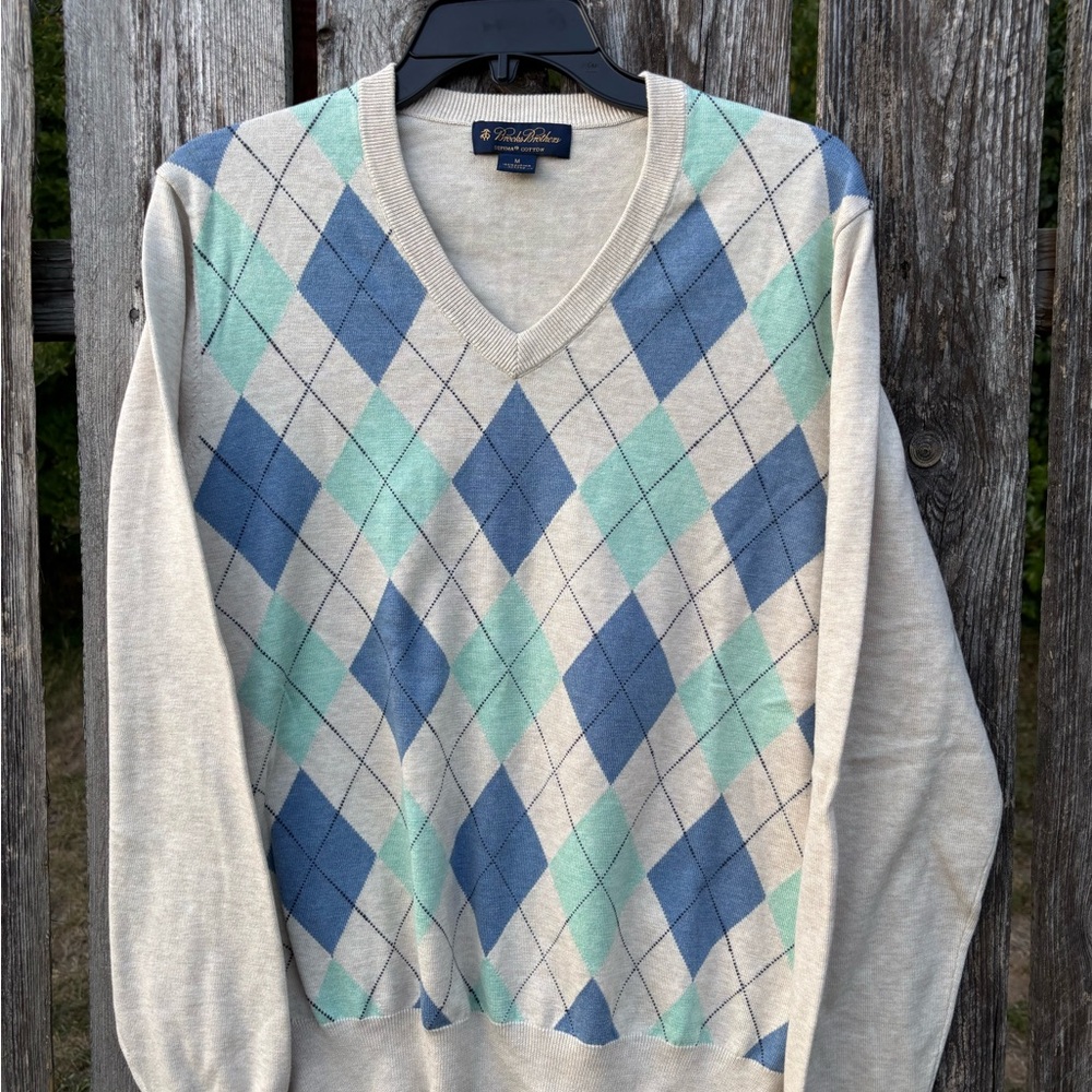Brooks Brothers V-Neck Argyle Sweater in Blue and Green